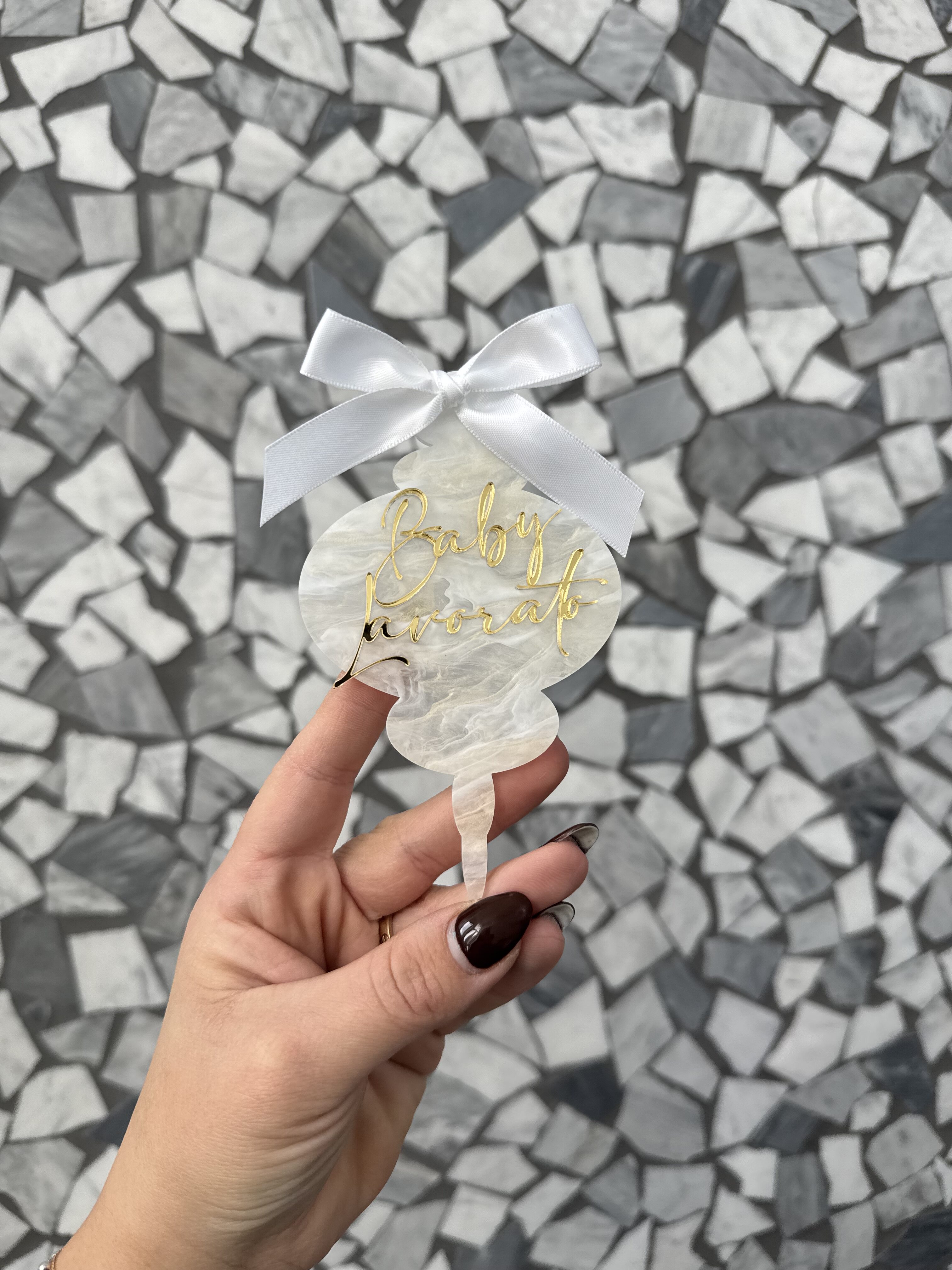 Personalized White & Gold Baby Ornament with Bow – “Baby Korcato”