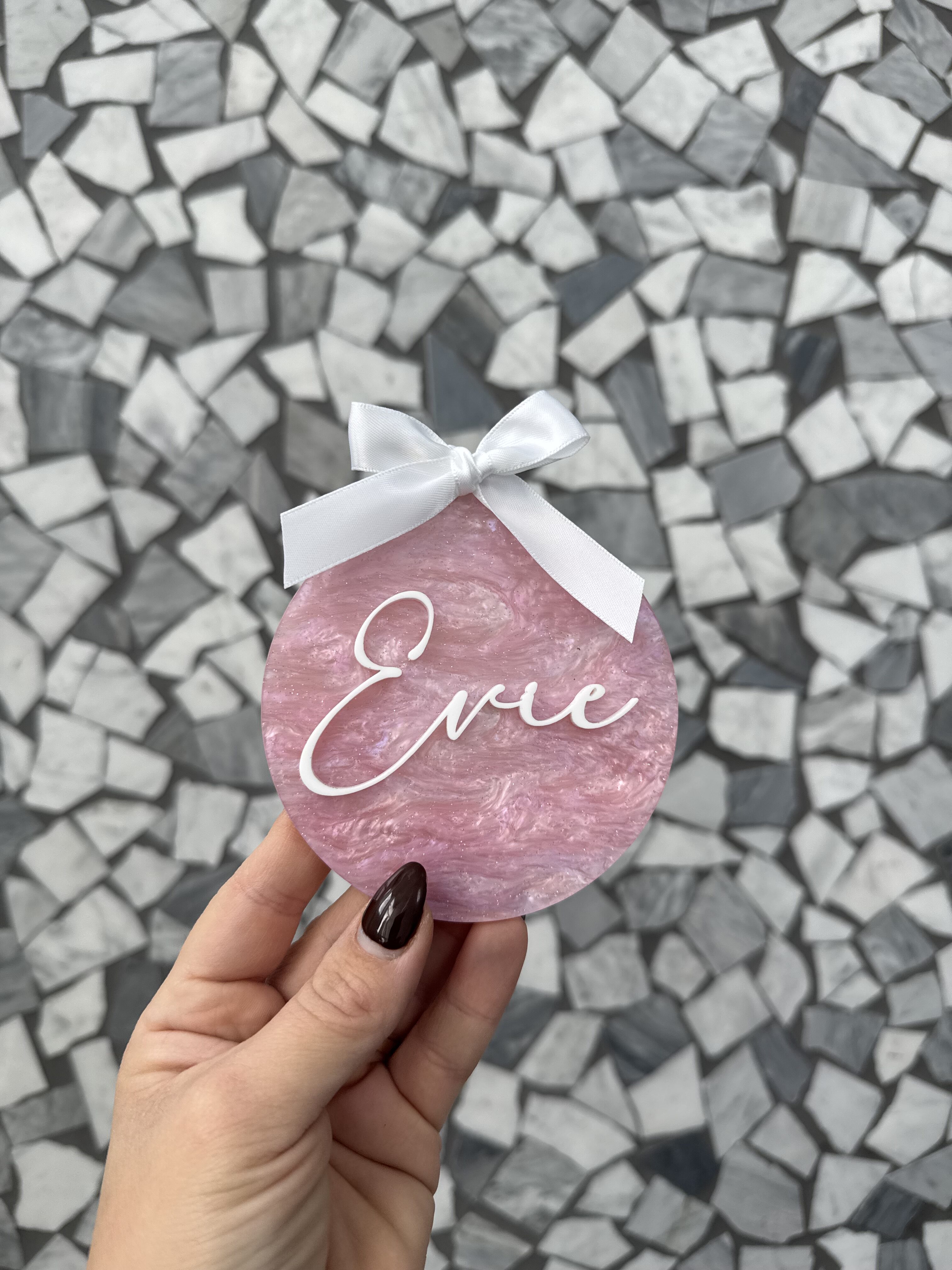Personalized Pink Ornament with White Bow – “Evie”