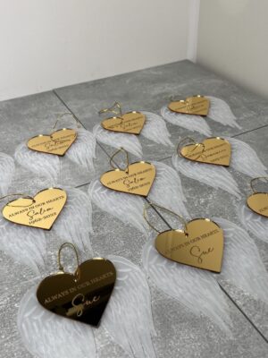 Gold Heart Memorial Ornaments with White Angel Wings – “Always in Our Hearts”
