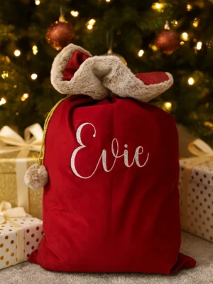 Red and brown Personalised Embroidered Santa Sacks