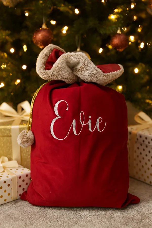 Red and brown Personalised Embroidered Santa Sacks