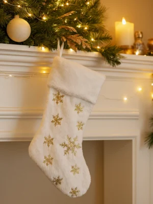 Embroidered White & Gold Snowflake Santa Stocking