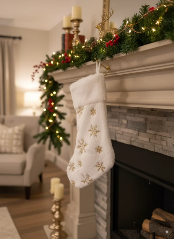 Embroidered White & Gold Snowflake Santa Stocking