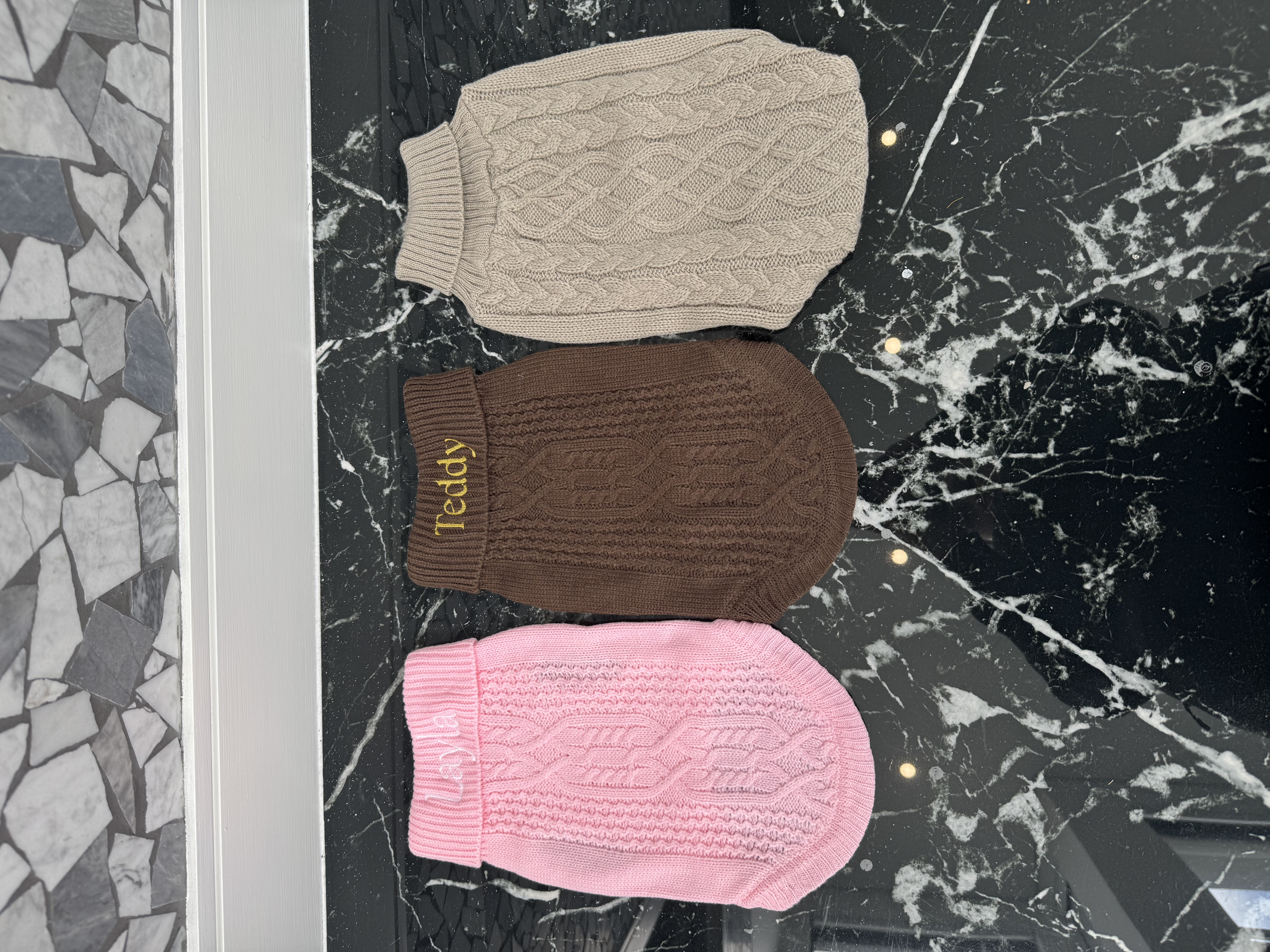 Embroidered Knitted Pet Sweaters – Pink “Layla”, Brown “Teddy”, Beige