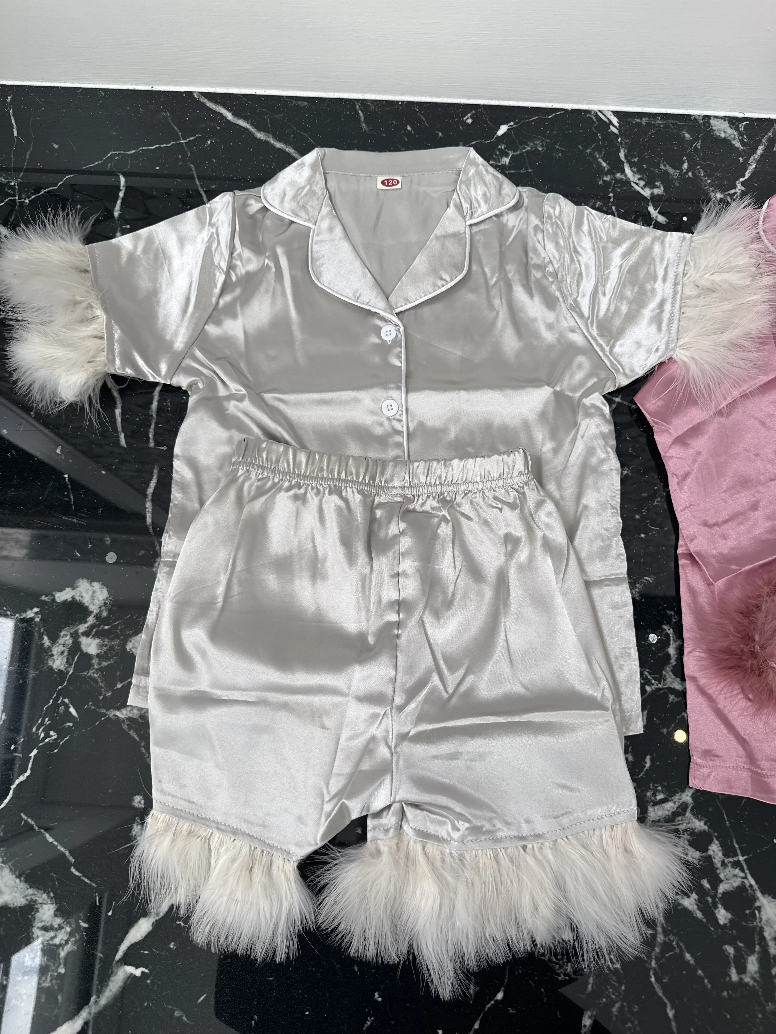 Silver Satin Pajama Set with White Feather Trim