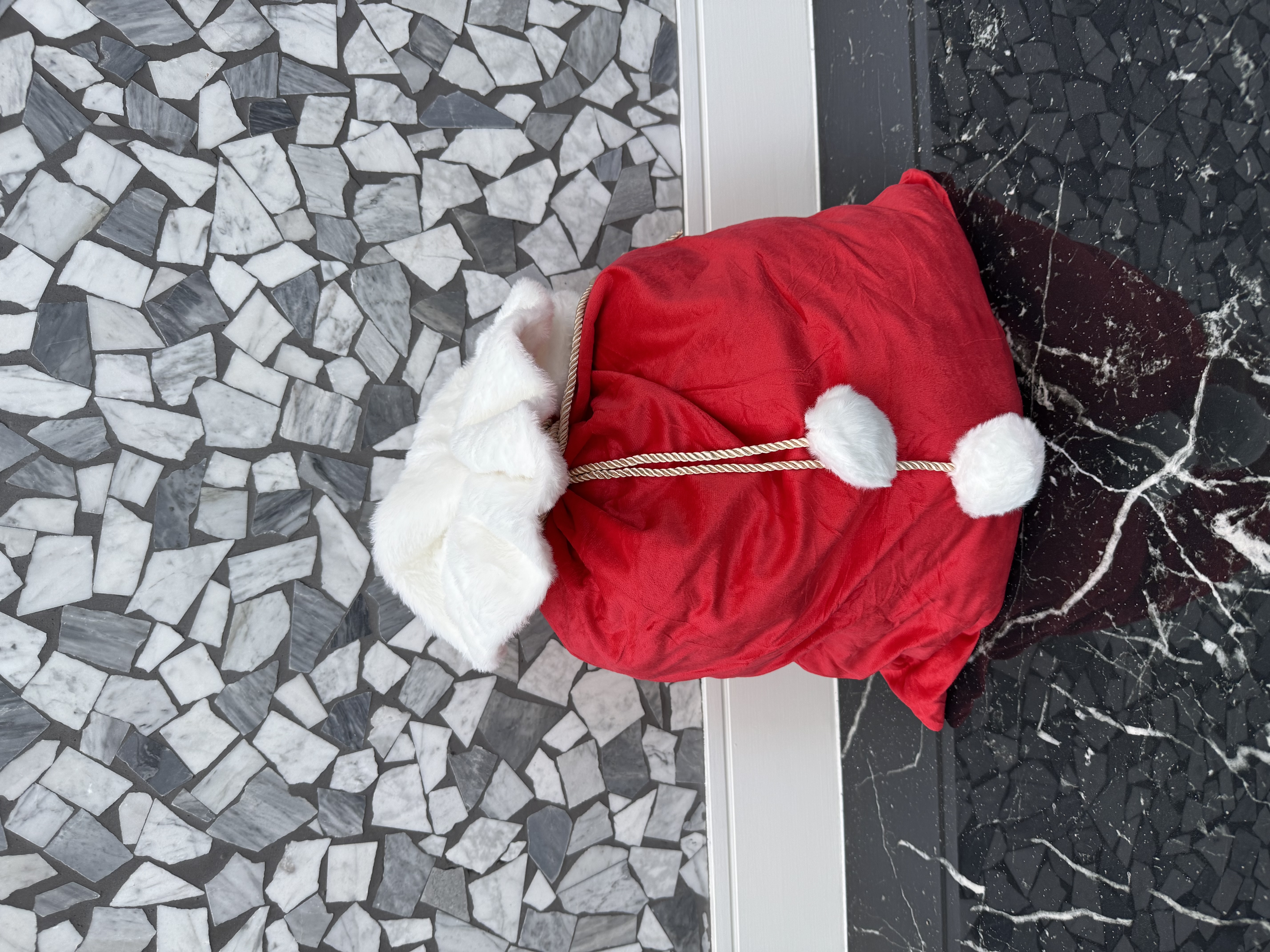 Red Velvet Gift Sack with White Fur Trim and Pom-Poms