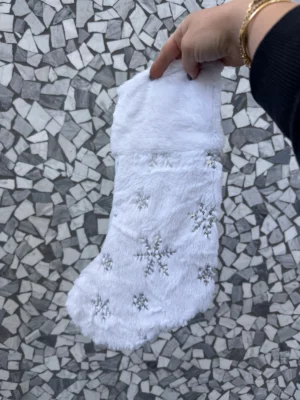 Embroidered White & Silver Snowflake Santa Stocking