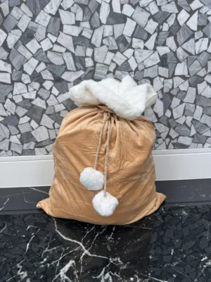 Gold Velvet Gift Sack with White Fur Trim and Pom-Poms