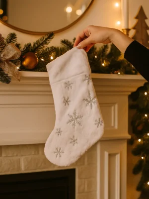 Embroidered White & Silver Snowflake Santa Stocking