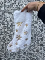 Embroidered White & Gold Snowflake Santa Stocking
