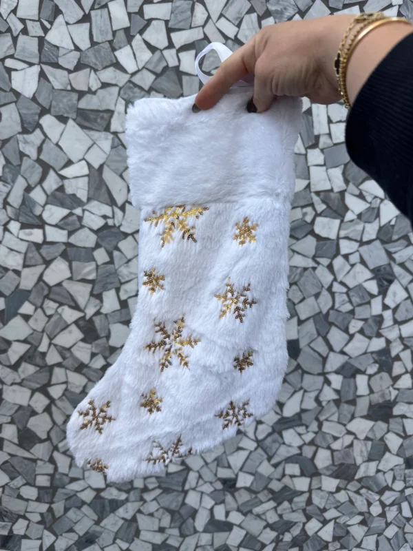Embroidered White & Gold Snowflake Santa Stocking